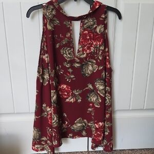 Peppermint Burgundy Floral Sleeveless Keyhole Blouse